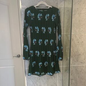 Maje Dark Green Dress with Light Blue Floral Pattern
